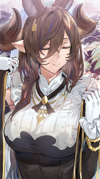Anime picture 4846x8701 with granblue fantasy galleon (granblue fantasy) hews single long hair tall image fringe highres breasts light erotic hair between eyes brown hair animal ears absurdres eyes closed long sleeves horn (horns) pointy ears arms up draph