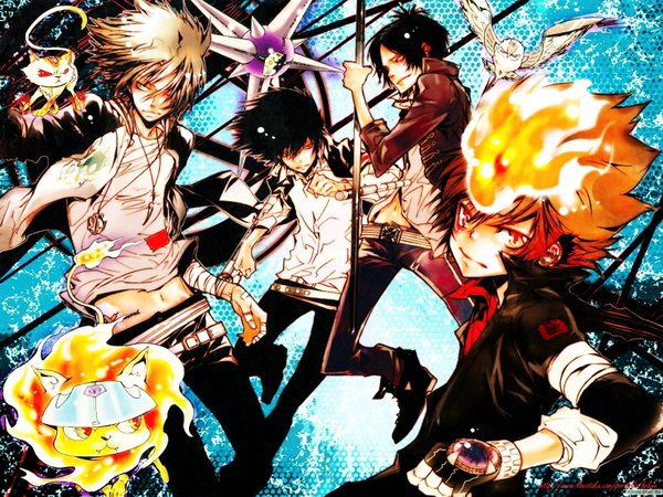 Anime picture 1600x1200 with katekyou hitman reborn sawada tsunayoshi hibari kyouya rokudo mukuro gokudera hayato uri (reborn) nuts (khr) amano akira short hair black hair blonde hair red eyes red hair group boy gloves navel weapon animal jacket