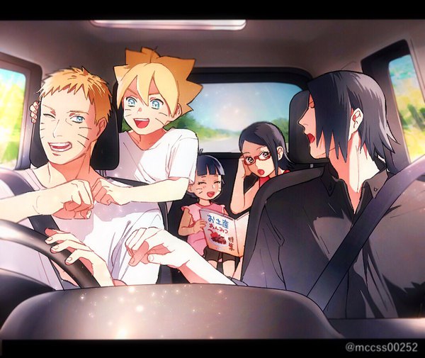 Anime picture 1072x903 with naruto studio pierrot naruto (series) uzumaki naruto uchiha sasuke uchiha sarada uzumaki boruto uzumaki himawari nonko (mccss00252) blush fringe short hair open mouth blue eyes black hair blonde hair smile hair between eyes sitting multiple girls