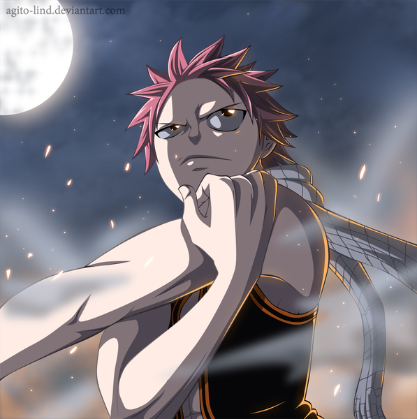 Anime picture 1000x1005 with fairy tail natsu dragneel aagito single tall image short hair pink hair black eyes night sky sleeveless coloring smoke muscle boy scarf full moon
