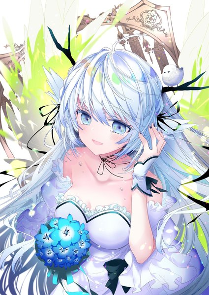 Anime picture 1449x2048 with virtual youtuber indie virtual youtuber shimanaga ena konataeru single tall image fringe breasts open mouth blue eyes smile hair between eyes standing holding looking away cleavage silver hair upper body very long hair nail polish