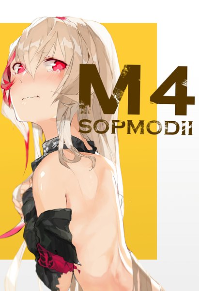 Anime picture 1102x1606 with girls frontline m4 sopmod ii (girls frontline) rocco single long hair tall image looking at viewer blush fringe light erotic simple background blonde hair hair between eyes red eyes payot upper body red hair looking back multicolored hair two-tone hair