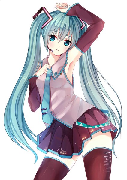 Anime picture 811x1150 with vocaloid hatsune miku bai kongque (shirokujaku) single tall image looking at viewer simple background white background twintails very long hair aqua eyes aqua hair zettai ryouiki girl thighhighs skirt black thighhighs necktie