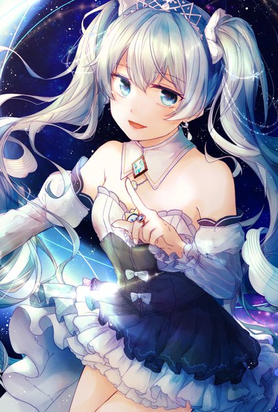 Anime picture 1181x1748 with vocaloid hatsune miku yuki miku yuki miku (2019) aiha (s1229aiha) single tall image looking at viewer fringe breasts open mouth blue eyes hair between eyes twintails bare shoulders payot blue hair very long hair frilled dress girl