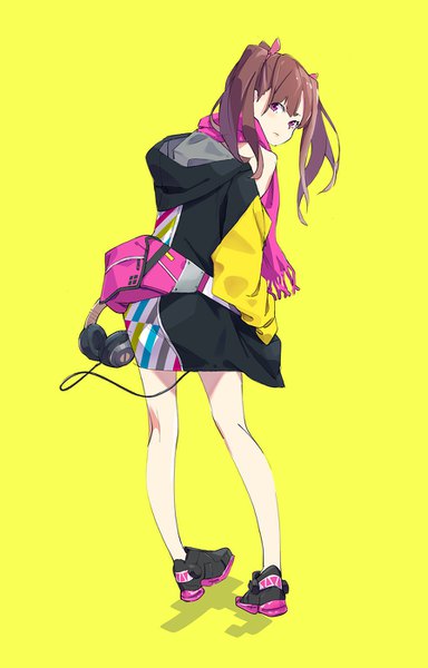 Anime picture 896x1400 with original popman3580 single long hair tall image looking at viewer fringe simple background brown hair standing twintails full body pink eyes looking back from behind yellow background girl shoes headphones scarf