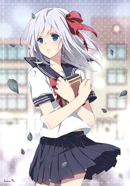 Anime picture 650x932 with original kurusa (beione) inma r. single long hair tall image blush fringe blue eyes holding signed looking away silver hair pleated skirt wind crossed arms sad messy hair polka dot background skirt flip