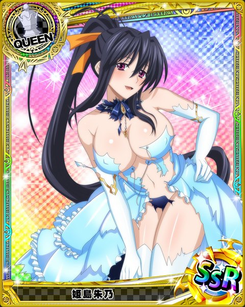 Anime picture 640x800 with highschool dxd himejima akeno single tall image looking at viewer blush breasts open mouth light erotic black hair large breasts purple eyes cleavage ponytail very long hair torn clothes card (medium) girl thighhighs dress