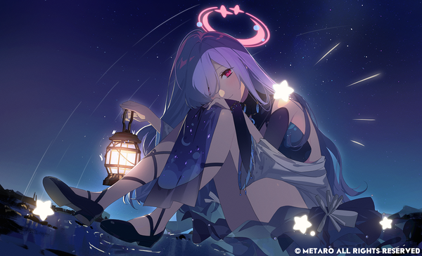 Anime picture 1600x972 with virtual youtuber v&u entertainment yurikago kokone sabet (young ouo) single long hair looking at viewer fringe red eyes wide image holding purple hair hair over one eye official art bare legs girl star (symbol) halo lantern
