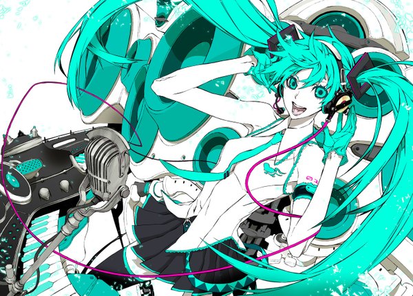 Anime picture 1370x985 with vocaloid melt (vocaloid) hatsune miku miwa shirow single long hair looking at viewer open mouth smile white background twintails green eyes very long hair green hair music girl thighhighs gloves shirt necktie