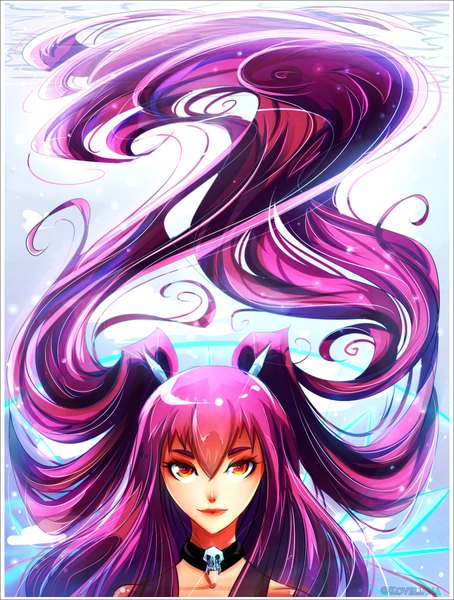 Anime picture 1530x2020 with original koveliana single long hair tall image looking at viewer highres red eyes twintails purple hair lips face girl choker skull