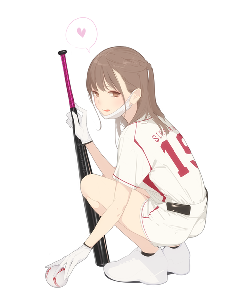 Anime picture 1132x1500 with original ama mitsuki single long hair tall image looking at viewer fringe simple background brown hair white background holding brown eyes payot full body bent knee (knees) blunt bangs short sleeves squat half updo clothes writing