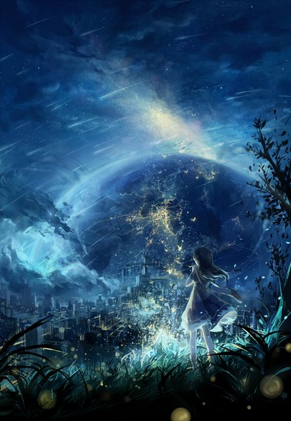 Anime picture 900x1301 with original domik long hair tall image black hair sky cloud (clouds) night night sky landscape city lights girl dress plant (plants) grass