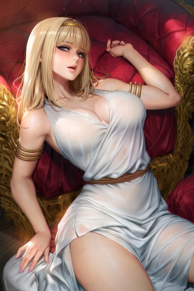 Anime picture 2400x3597 with shingeki no kyojin production i.g ymir fritz nudtawut thongmai single long hair tall image fringe highres breasts open mouth blue eyes light erotic blonde hair large breasts sitting bare shoulders signed looking away cleavage