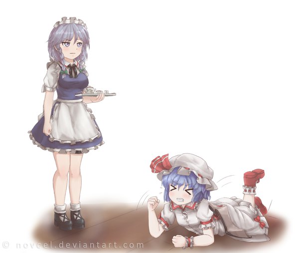 Anime picture 1300x1100 with touhou remilia scarlet izayoi sakuya novcel short hair standing white background multiple girls signed blue hair silver hair full body lying braid (braids) eyes closed short sleeves puffy sleeves tears twin braids watermark