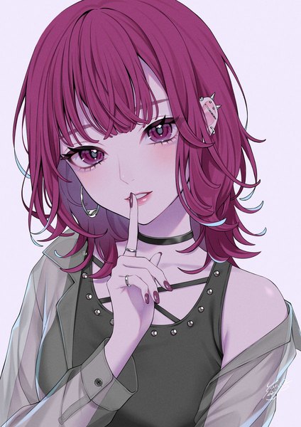 Anime picture 848x1200 with original ca yu single long hair tall image looking at viewer simple background purple eyes purple hair upper body nail polish head tilt piercing finger to mouth ear piercing purple nail polish girl choker ring blouse