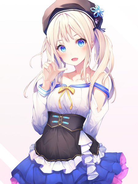 Anime picture 810x1080 with original keis (locrian1357) single long hair tall image looking at viewer blush fringe breasts open mouth blue eyes simple background blonde hair smile standing white background twintails bare shoulders payot long sleeves