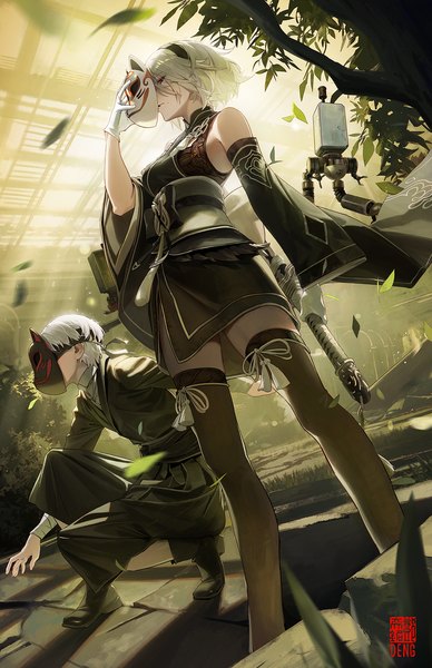 Anime picture 1165x1800 with nier nier:automata yorha no. 2 type b pod (nier:automata) yorha no. 9 type s daniel deng tall image fringe short hair blue eyes standing bare shoulders holding signed silver hair full body traditional clothes japanese clothes profile arm up