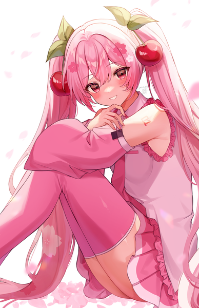 Anime picture 1329x2055 with vocaloid hatsune miku sakura miku gazelle-barn single long hair tall image looking at viewer blush fringe breasts light erotic simple background smile hair between eyes white background sitting twintails pink hair long sleeves