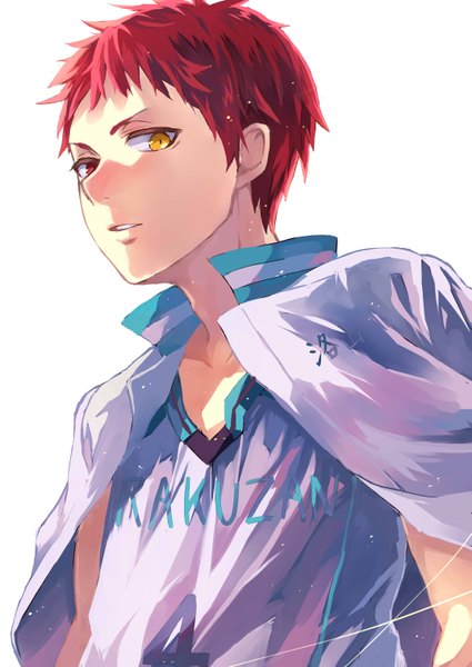 Anime picture 2149x3035 with kuroko no basket production i.g akashi seijuurou kurenai907 single tall image highres short hair simple background red eyes white background yellow eyes looking away upper body red hair from below heterochromia clothes on shoulders boy uniform