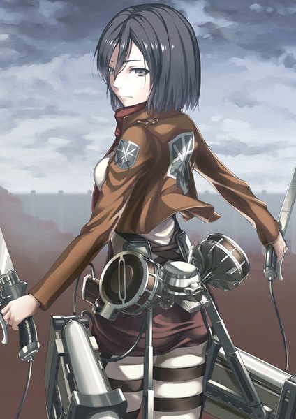 Anime picture 727x1029 with shingeki no kyojin production i.g mikasa ackerman hyp single tall image short hair black hair holding looking back black eyes open clothes open jacket dual wielding girl weapon sword jacket belt scarf