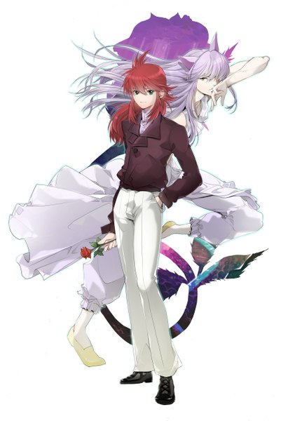 Anime picture 1773x2526 with yu yu hakusho kurama youko kurama kimijima0301 long hair tall image looking at viewer fringe highres simple background hair between eyes standing white background green eyes animal ears purple hair full body red hair light smile multiple boys