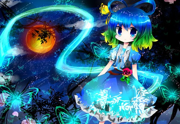 Anime picture 2470x1697 with touhou kaku seiga mirukuebi (artist) single highres short hair blue eyes multicolored hair girl dress hair ornament insect butterfly moon branch