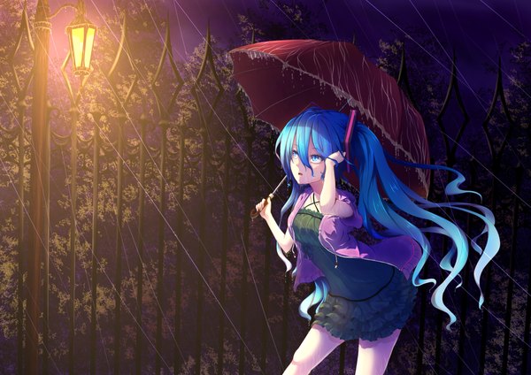 Anime picture 2037x1440 with vocaloid hatsune miku single fringe highres open mouth twintails aqua eyes aqua hair night wet alternate costume legs adjusting hair rain wet clothes girl dress plant (plants) tree (trees)