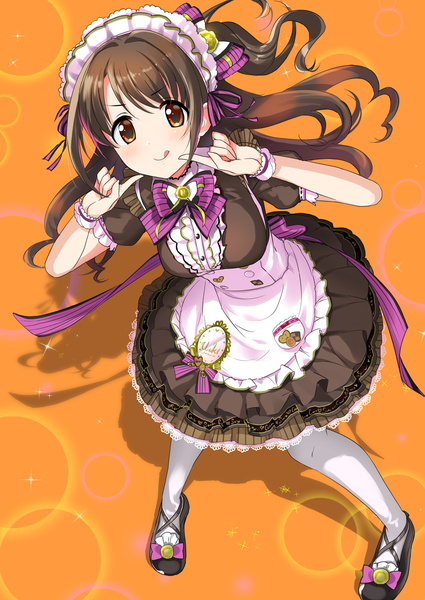 Anime picture 922x1302 with idolmaster idolmaster cinderella girls shimamura uzuki natsuya single long hair tall image looking at viewer blush simple background brown hair brown eyes full body from above sparkle one side up :p orange background girl thighhighs