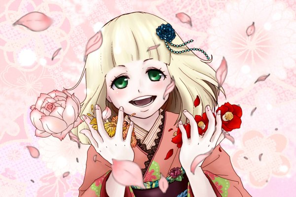 Anime picture 1500x1000 with ao no exorcist a-1 pictures moriyama shiemi matsun (mathun) single short hair open mouth blonde hair smile green eyes japanese clothes hair flower happy girl hair ornament flower (flowers) petals kimono camellia (flower)