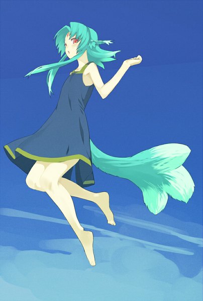 Anime picture 716x1061 with final fantasy square enix carbuncle (final fantasy) pen (artist) single long hair tall image looking at viewer blush open mouth red eyes sky cloud (clouds) tail animal tail barefoot pointy ears aqua hair jumping knees touching