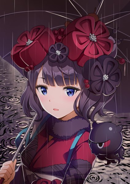 Anime picture 1052x1488 with fate (series) fate/grand order katsushika hokusai (fate/grand order) tokitarou (fate/grand order) sony kisaragi single tall image blush short hair open mouth blue eyes black hair upper body traditional clothes japanese clothes rain ripples girl hair ornament animal