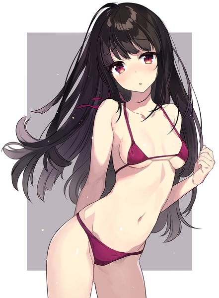 Anime picture 1000x1361 with original comeo single long hair tall image looking at viewer blush fringe breasts open mouth light erotic black hair red eyes standing bare shoulders payot head tilt :o underboob border