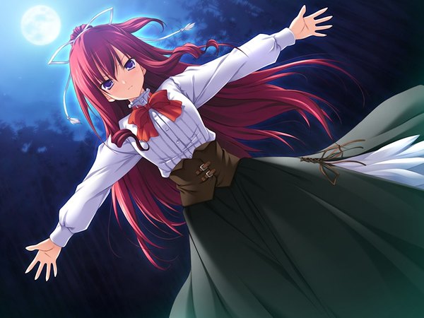 Anime picture 1024x768 with 11 eyes doga kobo kusakabe misuzu long hair purple eyes game cg red hair night girl moon