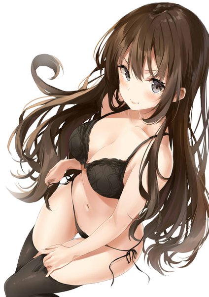 Anime picture 867x1227 with original kakao rantan single long hair tall image looking at viewer blush fringe breasts light erotic simple background smile hair between eyes brown hair cleavage lying on back grey eyes dutch angle underwear only