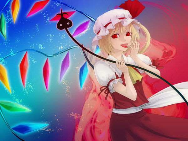 Anime picture 1024x768 with touhou flandre scarlet takatsuki kahiro single short hair blonde hair red eyes teeth fang (fangs) one side up girl skirt weapon hat wings skirt set laevatein (touhou)