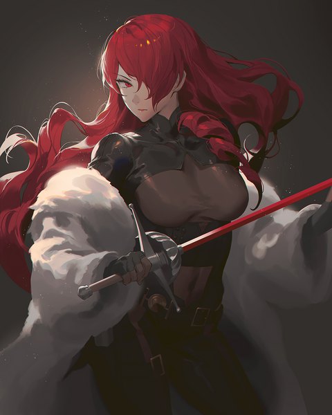 Anime picture 1200x1500 with persona 3 persona kirijou mitsuru fajyobore single long hair tall image looking at viewer fringe breasts simple background red eyes standing holding red hair hair over one eye off shoulder wide sleeves fur trim floating hair