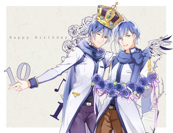 Anime picture 1000x771 with vocaloid kaito (vocaloid) kaito (vocaloid3) mibu (1064493753) fringe short hair blue eyes hair between eyes blue hair one eye closed wink grey background multiple boys outstretched arm border happy birthday dual persona boy flower (flowers) scarf