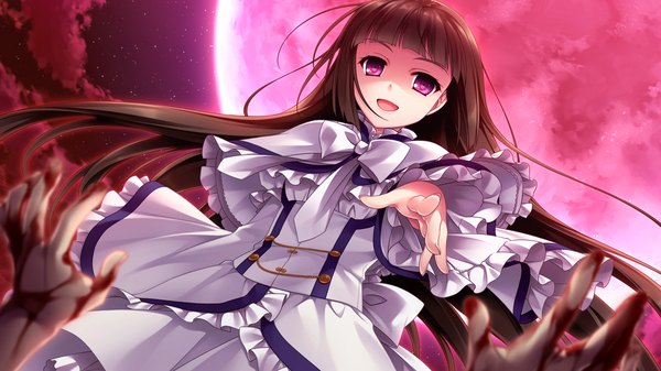 Anime picture 1920x1080 with hello lady akatsuki-works otonashi saku single long hair highres open mouth black hair wide image game cg pink eyes girl dress moon blood