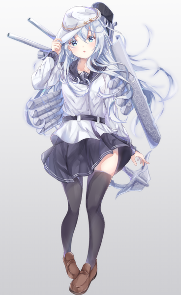 Anime picture 2006x3265 with kantai collection hibiki destroyer verniy destroyer sa-ya2 single long hair tall image looking at viewer fringe highres blue eyes simple background hair between eyes silver hair full body grey background gradient background adjusting hat remodel (kantai collection) girl