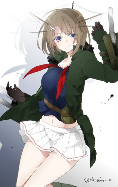 Anime picture 600x945 with kantai collection maya heavy cruiser sino (sionori) single tall image fringe short hair simple background smile brown hair white background purple eyes signed looking away bare belly shadow girl skirt gloves navel