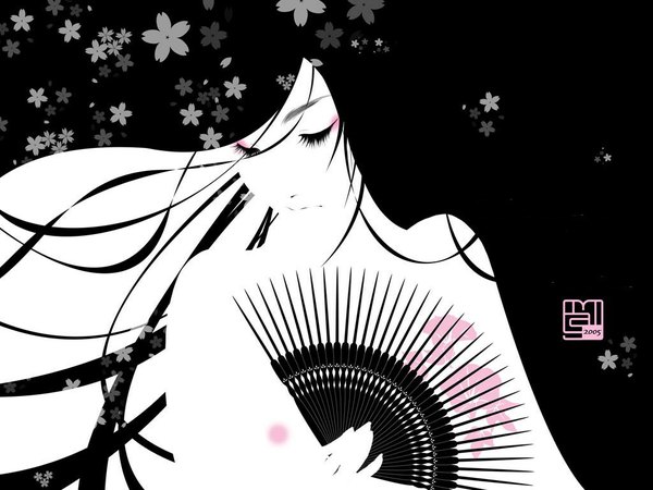 Anime picture 1024x768 with laichro (artist) single long hair black hair holding eyes closed black background monochrome eyeshadow logo blending girl flower (flowers) fan