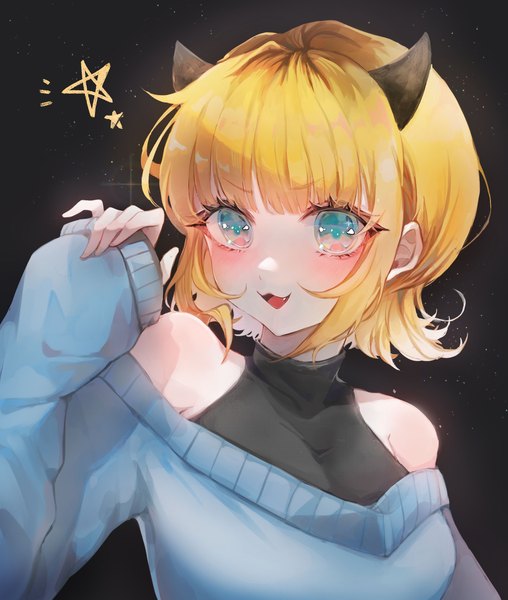 Anime picture 2200x2600 with oshi no ko memcho tuatua1116 single tall image blush highres short hair open mouth simple background blonde hair bare shoulders looking away upper body long sleeves :d horn (horns) aqua eyes black background sleeves past wrists