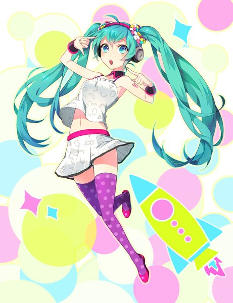Anime picture 900x1170 with vocaloid redial (vocaloid) hatsune miku tyuh (pixiv) single long hair tall image looking at viewer blush open mouth blue eyes twintails ahoge hair flower aqua hair :o tattoo alternate costume polka dot girl