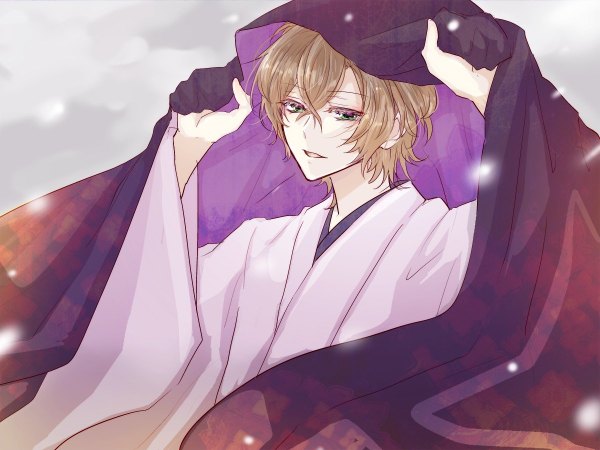 Anime picture 1200x900 with hypnosis mic yumeno gentarou chiyo (zl1hl) single looking at viewer fringe short hair hair between eyes brown hair holding green eyes upper body traditional clothes japanese clothes boy