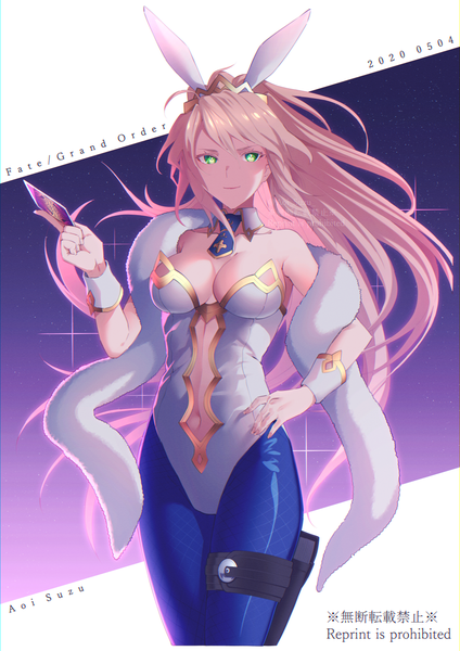 Anime-Bild 1075x1520 mit fate (series) fate/grand order artoria pendragon (all) artoria pendragon (swimsuit ruler) (fate) aoi suzu single long hair tall image looking at viewer breasts light erotic blonde hair large breasts standing green eyes signed animal ears cleavage ahoge ponytail