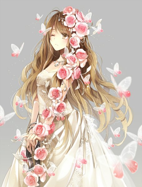Anime picture 761x1000 with original hagiwara rin single long hair tall image simple background brown hair brown eyes one eye closed wink girl dress flower (flowers) insect butterfly