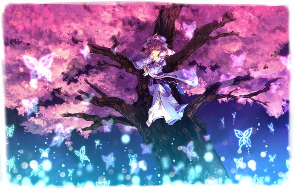 Anime picture 1380x900 with touhou saigyouji yuyuko sunakumo short hair red eyes sitting pink hair japanese clothes cherry blossoms girl plant (plants) hat tree (trees) insect butterfly