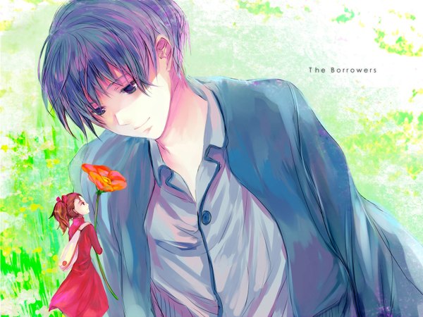 Anime picture 1536x1152 with the borrower arrietty studio ghibli arrietty shou (the borrower arrietty) yahiro (harucoon) short hair brown hair purple eyes purple hair ponytail light smile minigirl girl dress boy flower (flowers) plant (plants) bag grass red dress