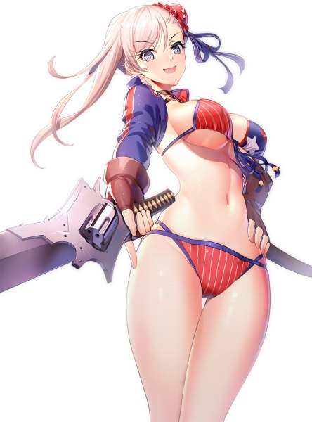 Anime picture 888x1200 with fate (series) fate/grand order miyamoto musashi (fate) miyamoto musashi (swimsuit berserker) (fate) ririko (zhuoyandesailaer) single long hair tall image looking at viewer blush fringe breasts open mouth blue eyes light erotic simple background smile hair between eyes standing white background