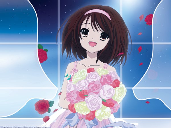Anime picture 1600x1200 with suzumiya haruhi no yuutsu kyoto animation suzumiya haruhi girl flower (flowers) rose (roses)